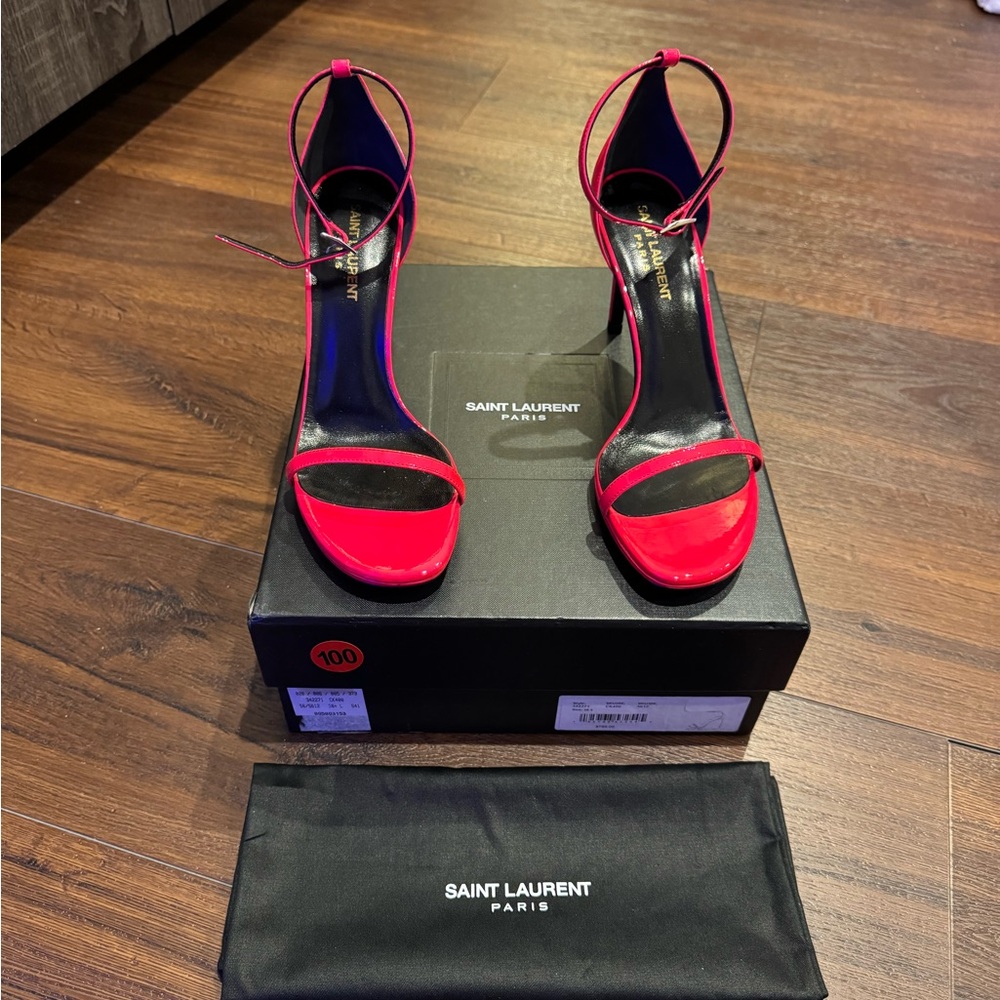 Saint Laurent NWT Vitello Vernice in Hot Pink Strappy ankle strap Heel Sandals.